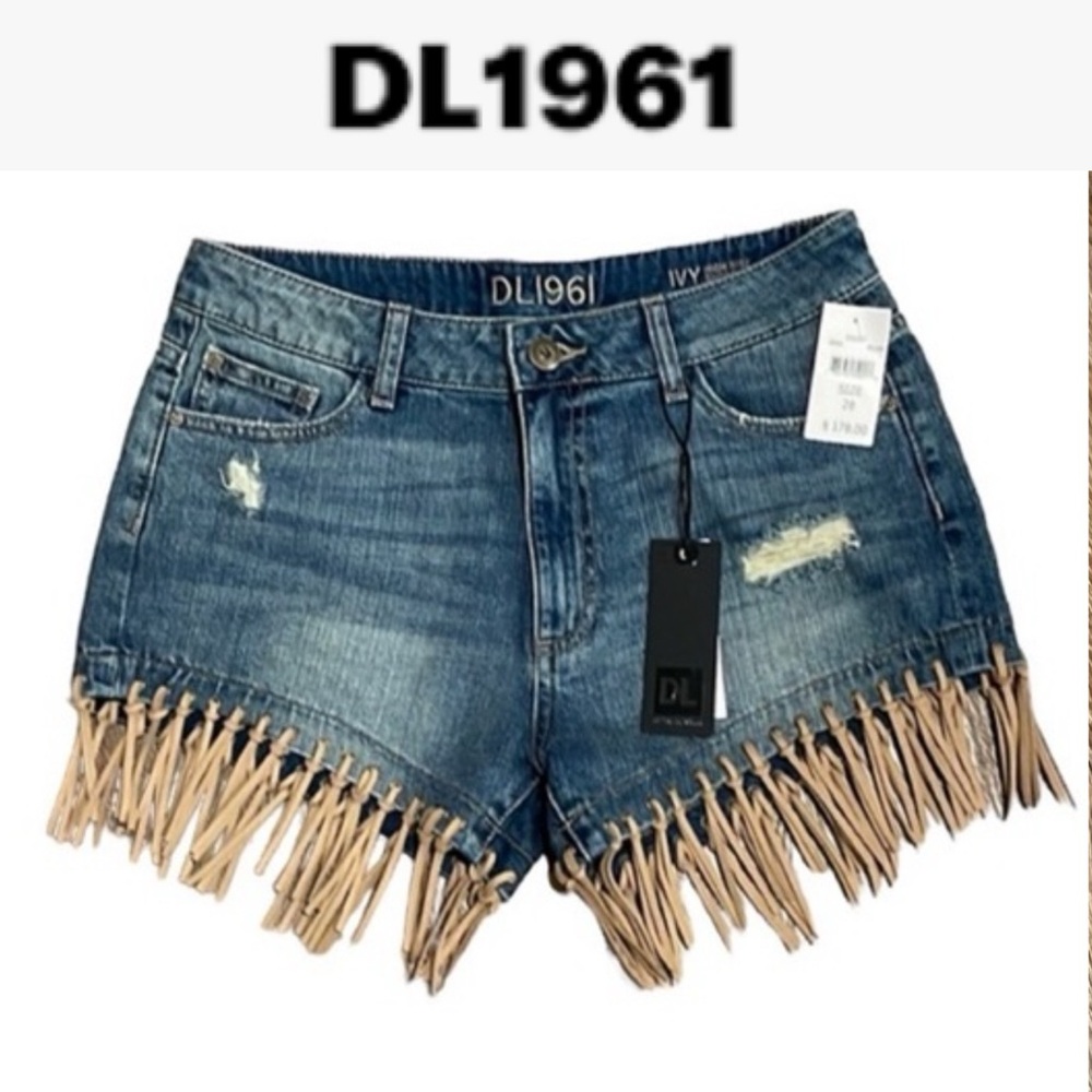 DL1961 IVY HIGH RISE FRINGED HEM DISTRESSED DENIM JEAN SHORTS **NWT** - Picture 1 of 12